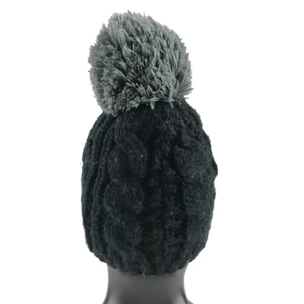 Moon Shadow Womens Black Gray 100% Acrylic Pom Top Knitted Beanie Hat One Size - Picture 6 of 11